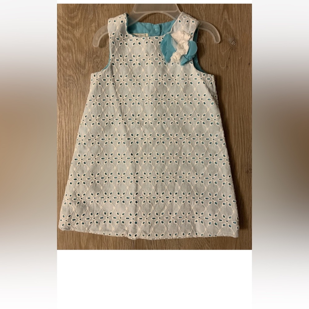 Marmellata Girl’s Size 12-18 Months White Eyelet Dress With Aqua Underlay